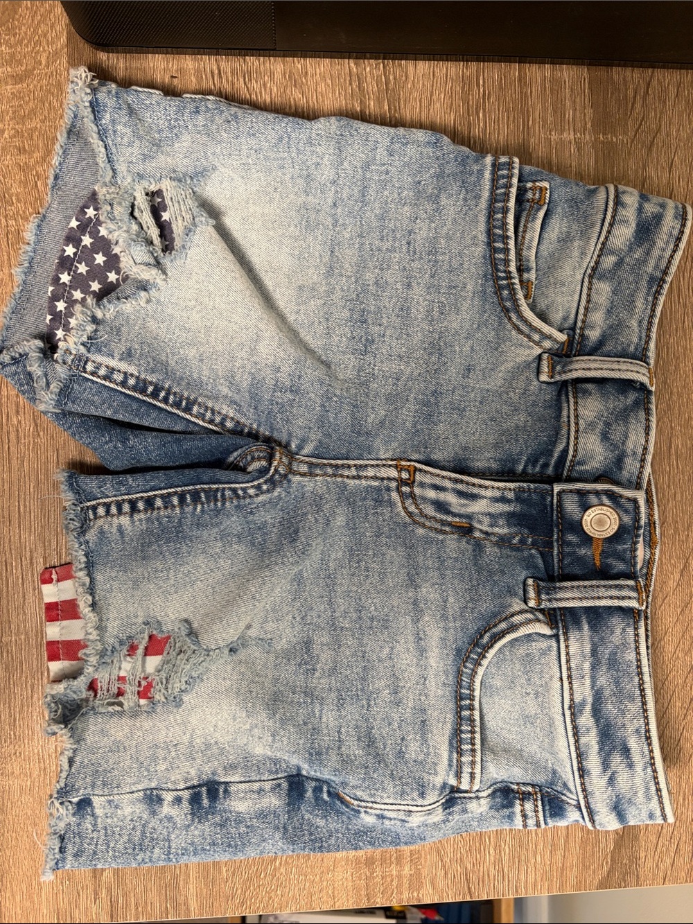 SO Light Wash Denim Shorts with Flag Patch Accents